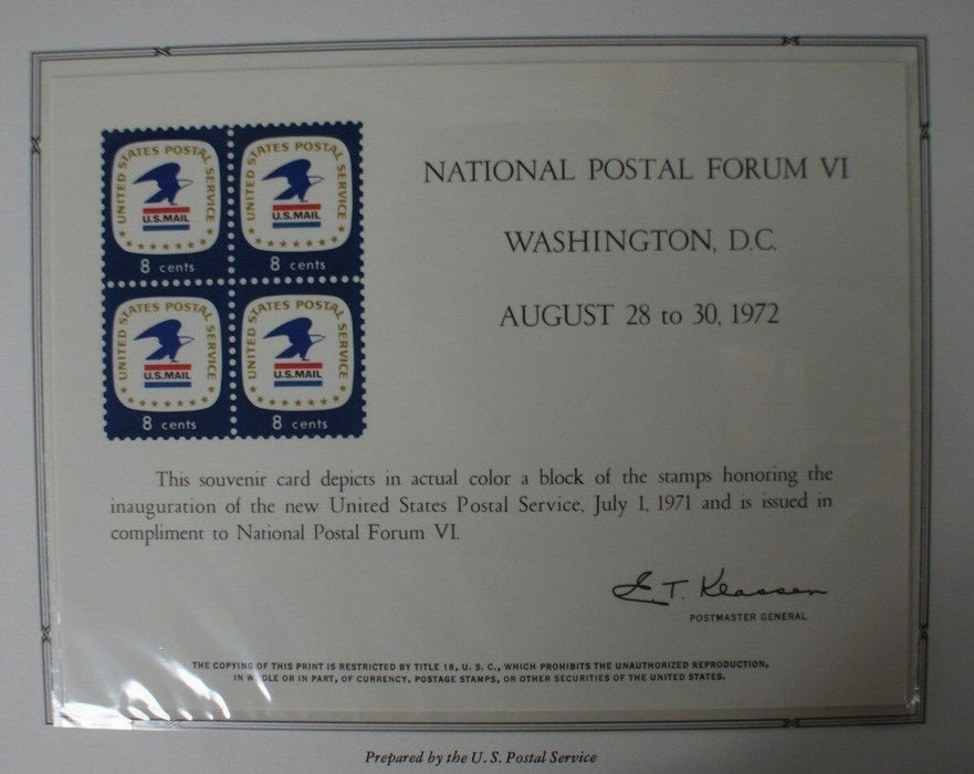 souvenir card PS 8 Postal Forum 1972 block 1971 8¢ USPS stamps
