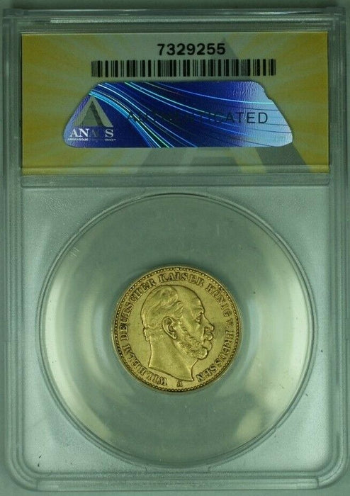 1887-A Germany-Prussia 20M Mark Gold Coin ANACS AU-53