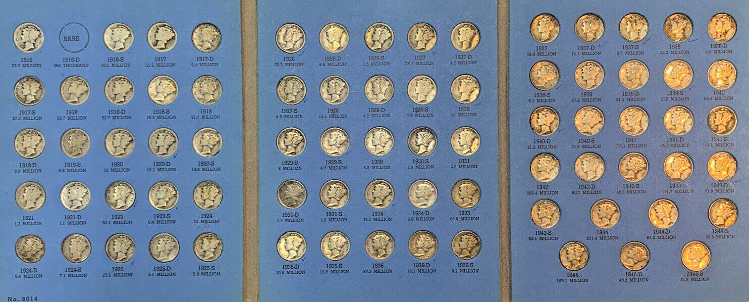 1916-1945 Mercury Dime Almost Complete Set, Whitman Coin Folder, NO 1916-D (C)