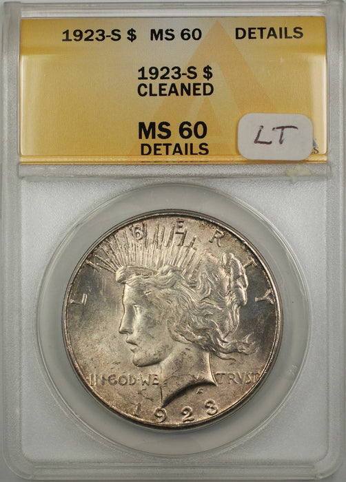 1923-S Peace Silver Dollar Coin $1 ANACS MS 60 Cleaned Details Light Toning