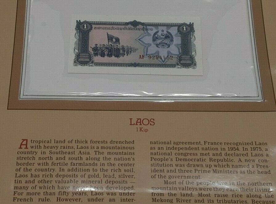 Fleetwood 1979 Laos 1 Kip Note Crisp Unc. in Historic Info Card