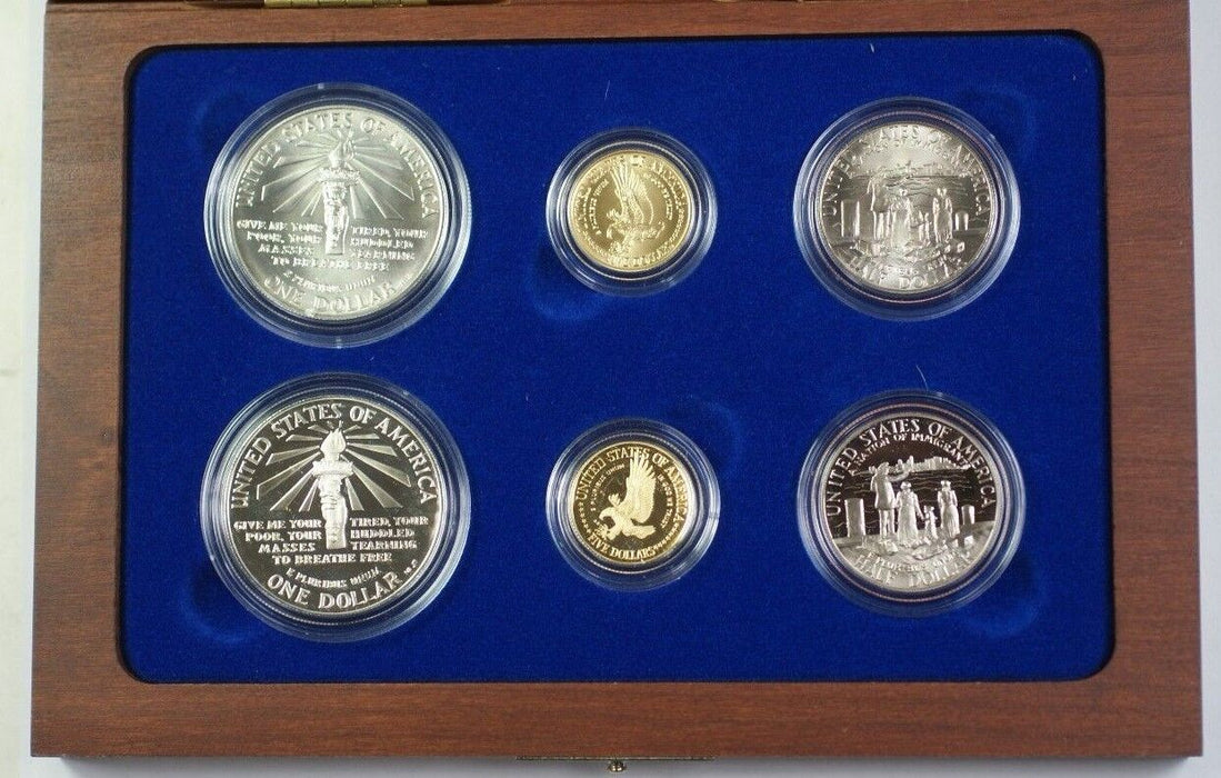 1986 Statue Of Liberty Ellis Island Com Proof & UNC 6 Coin Silver & Gold Set JAH