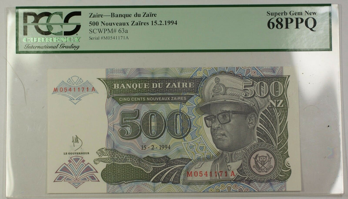 15.2.1994 Zaire 500 Nouveaux Zaires Bank Note SCWPM# 63a PCGS Superb Gem 68 PPQ