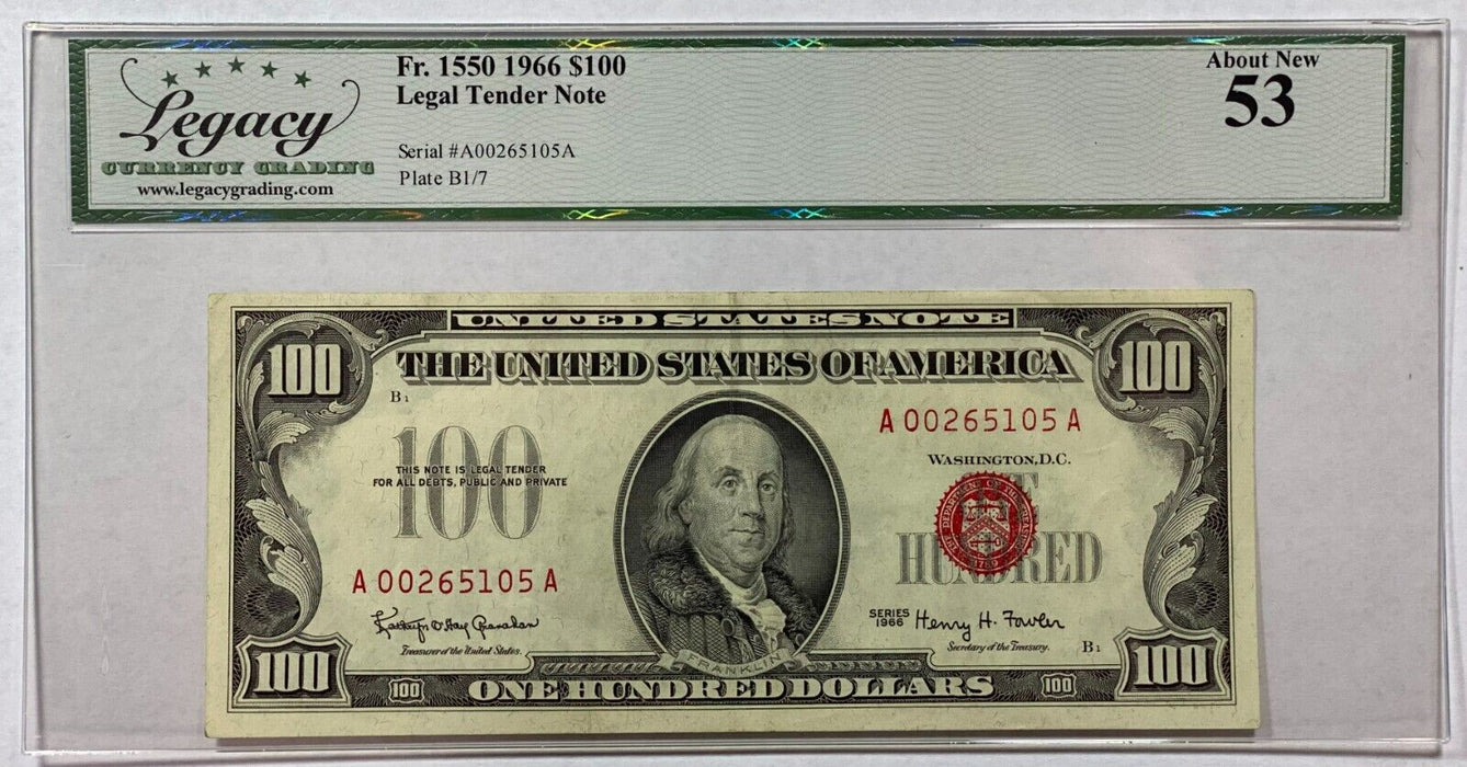 1966 $100 One Hundred Dollar Legal Tender US Note Fr. 1550 Legacy About New 53