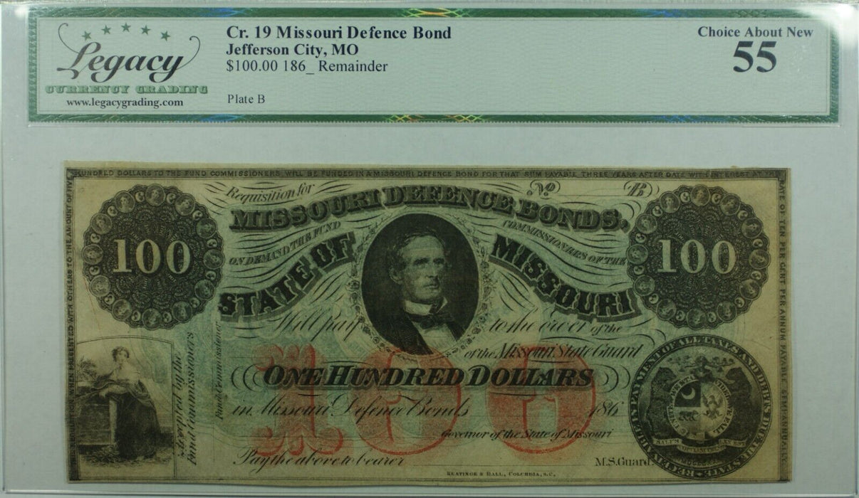 Cr. 19 186_ $100 Missouri Defence Bond Jefferson City MO  Legacy Ch Abt New 55
