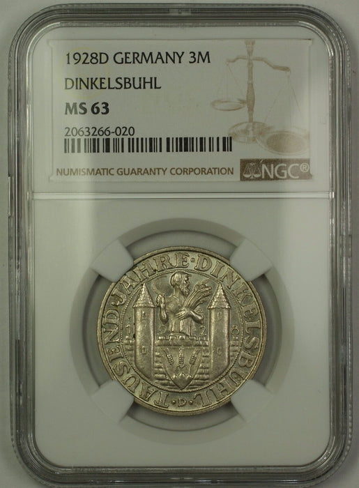 1928D Germany Dinkelsbuhl 3M Three Marks Silver Coin NGC MS-63