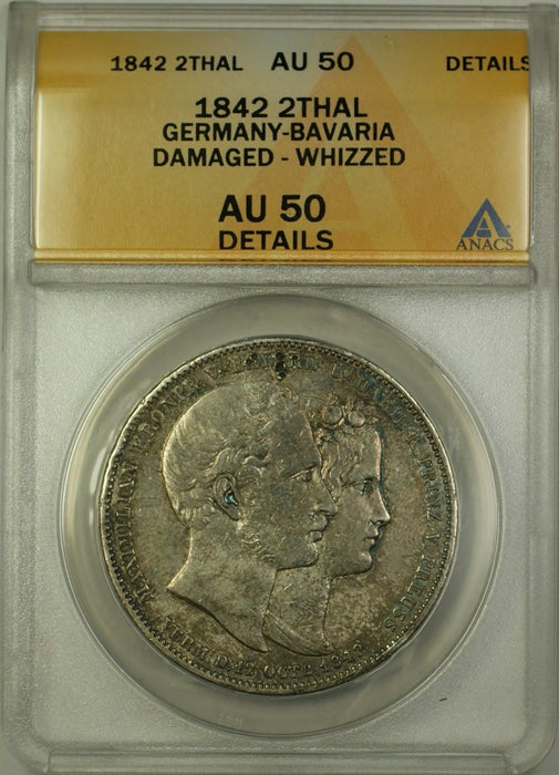 1842 Germany-Bavaria 2 Thalers Silver Coin ANACS AU-50 Details Damaged Whizzed