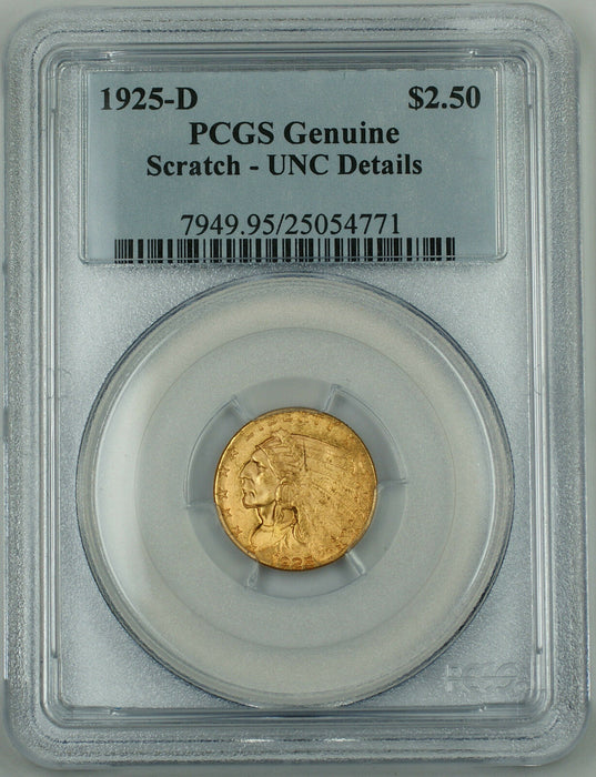 1925-D Indian $2.50 Quarter Eagle Gold Coin, PCGS UNC Details, Appears Choice BU