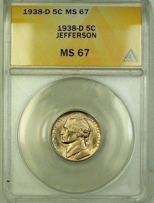 1938-D Jefferson Nickel 5c Coin ANACS MS-67 Gem BU