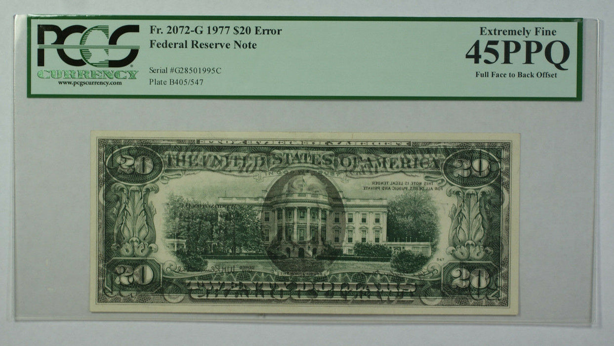 1977 $20 Bill Error Full Face to Back Offset Note FRN PCGS 45PPQ Fr. 2072-G