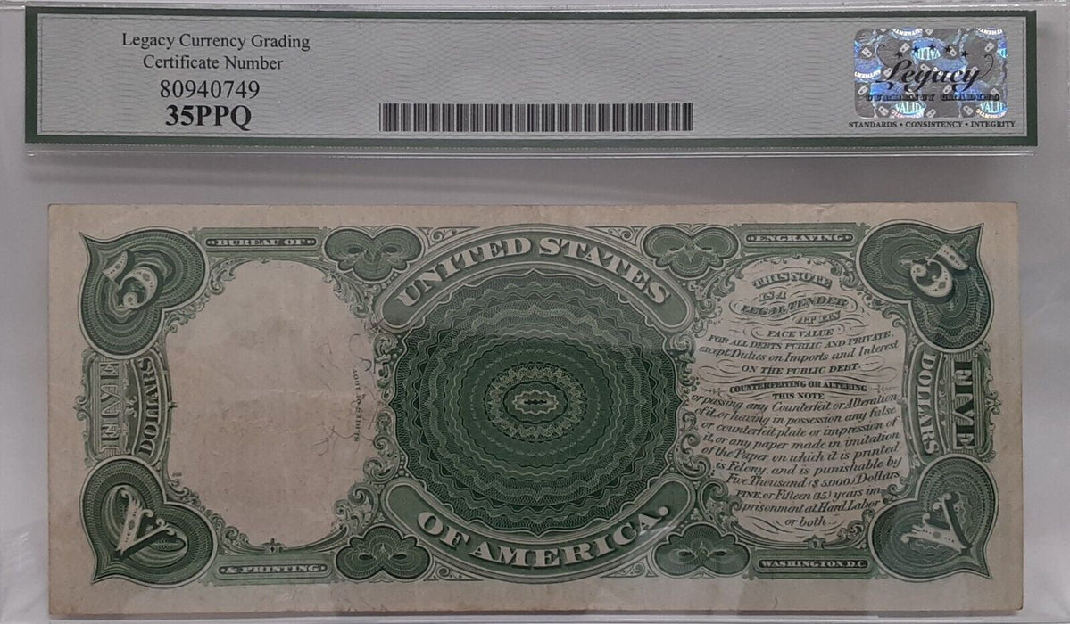 Series 1907 $5 Legal Tender Note Fr. 91 w/PCBLIC Error  Legacy VF-35PPQ