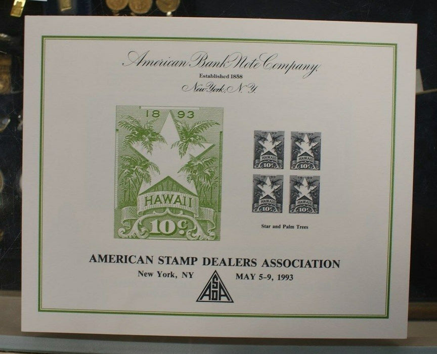 SO 114 Souvenir card ASDA Spring 1993 1893 10¢ Hawaii stamp Star and Palm Trees