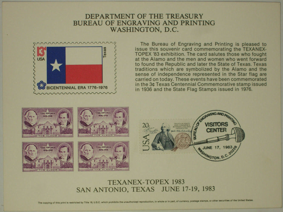 BEP B 60 Souvenir Card Texanex 1983 3¢ Texas Centennial stamp Visitors Center