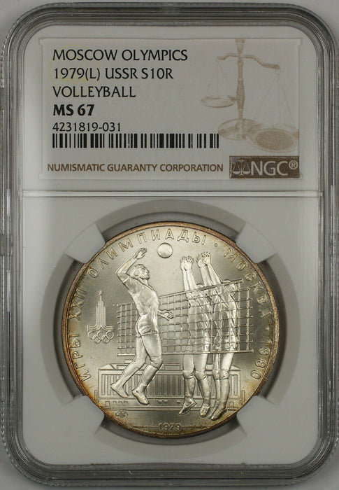 1979(L) USSR Moscow Olympics Volleyball 10 Roubles Silver Coin NGC MS-67 GEM