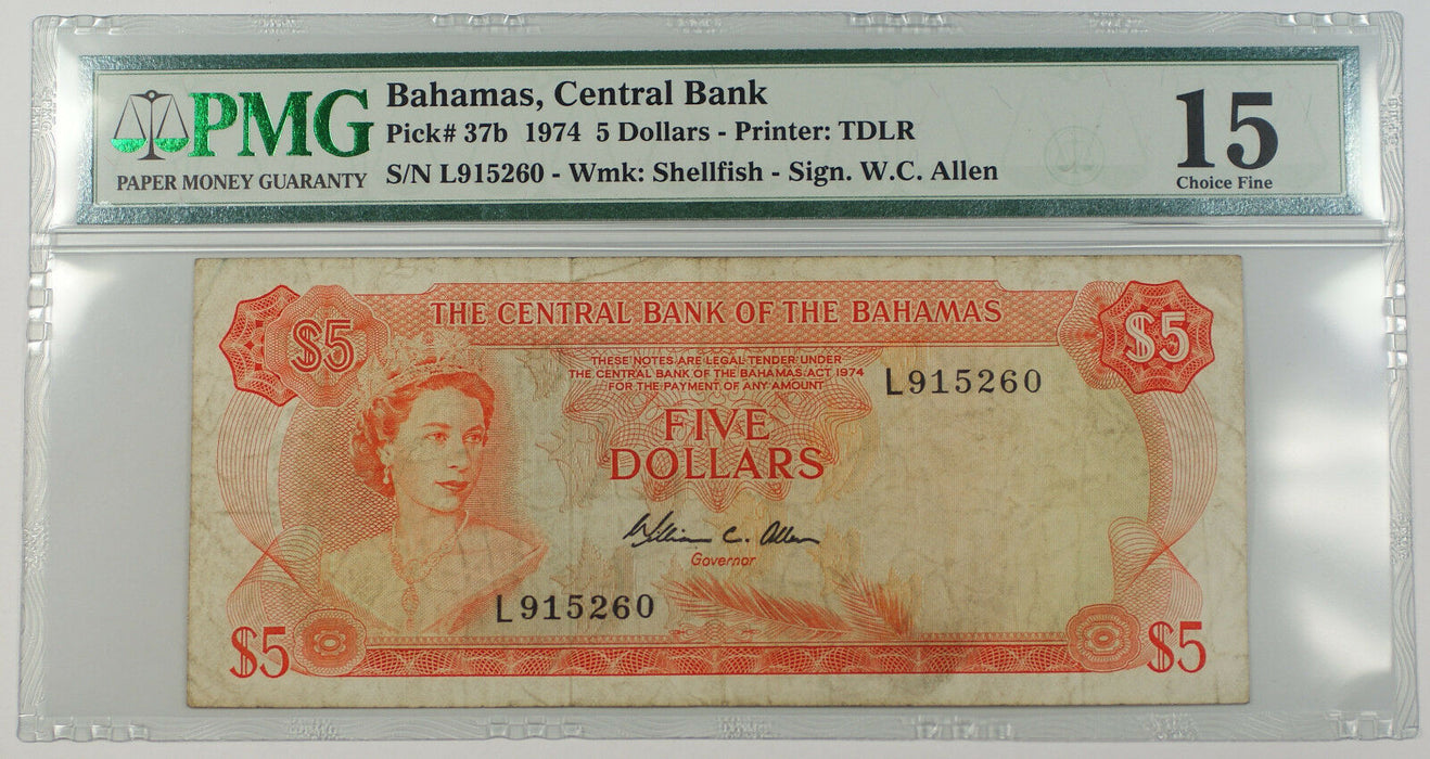 1974 Bahamas Central Bank 5 Dollars Note Pick# 37b PMG 15 Choice Fine