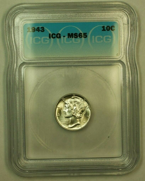 1943 Silver Mercury Dime 10c Coin ICG MS-65 AA Nearly Full Split Bands