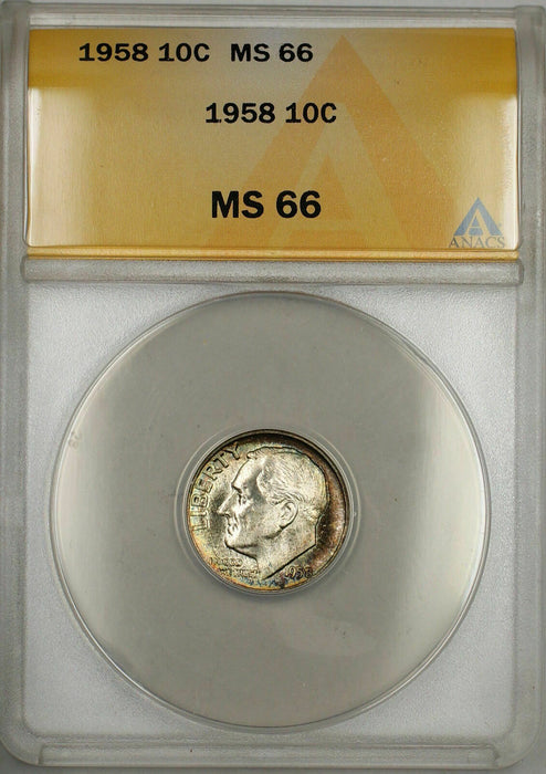1958 Silver Roosevelt Dime 10c Coin ANACS MS-66 Toned Gem (9)