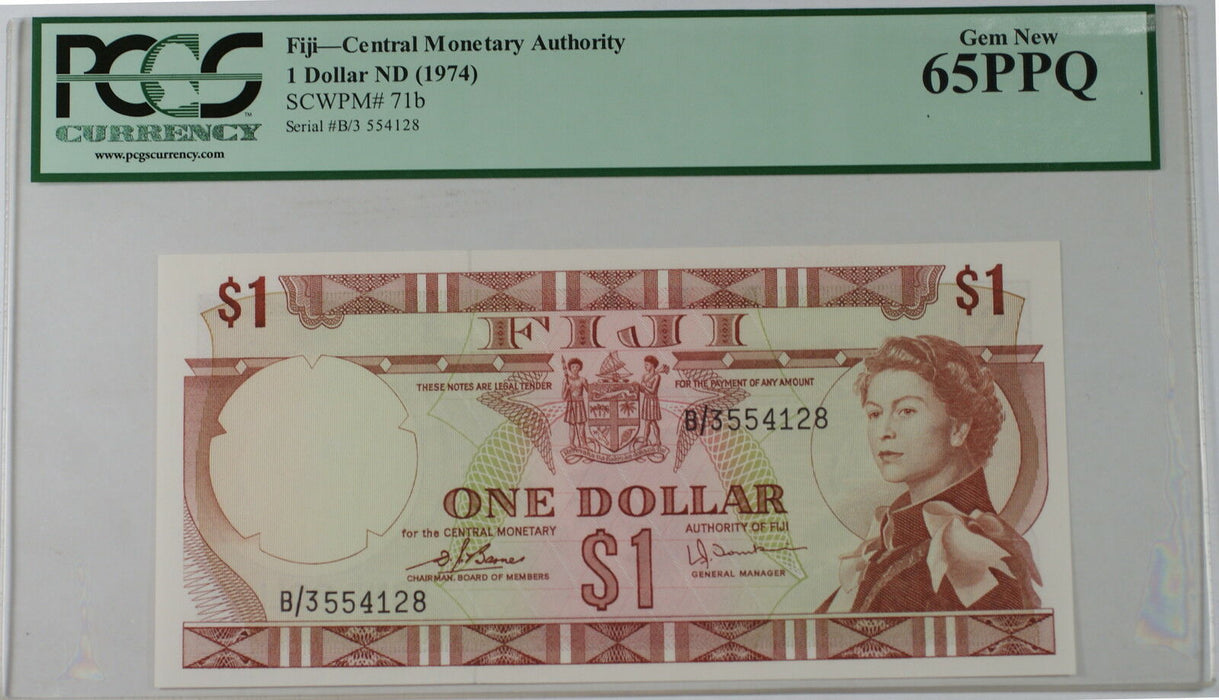(1974) Fiji Central Monetary Agency 1 Dollar Note SCWPM# 71b PCGS 65 PPQ Gem New