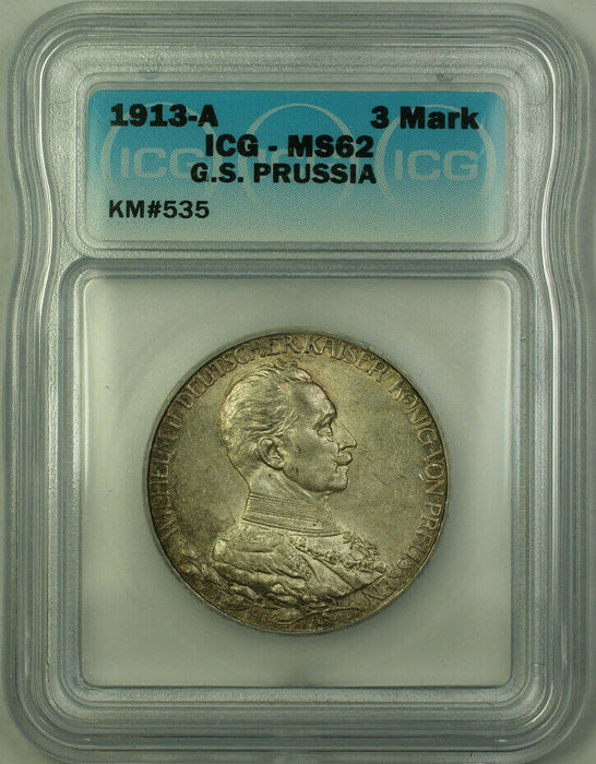 1913-A G.S. Prussia Silver 3 Mark Toned ICG MS-62 KM#535