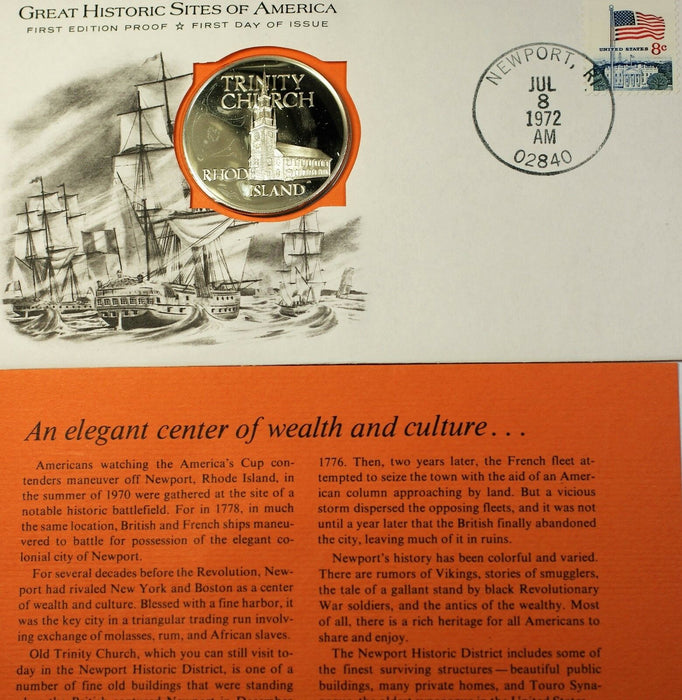 1972 Trinity Church RI Great Historic Sites Medal Proof Silver First Day Cover