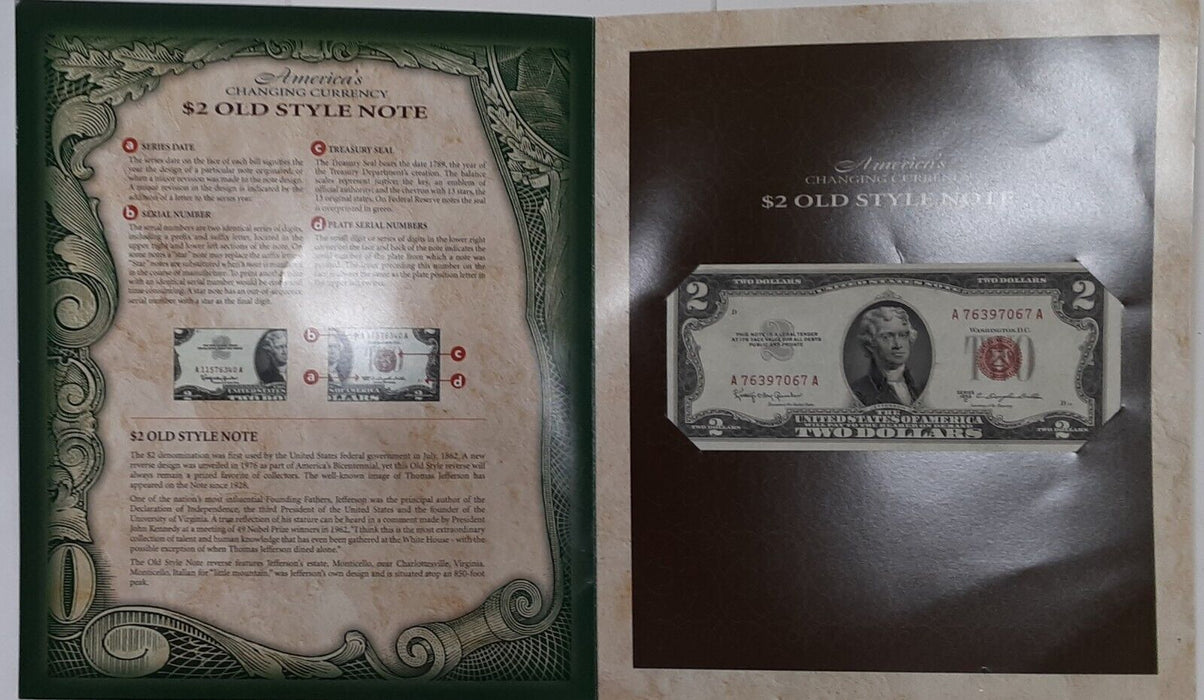 America's Changing Currency Series 1953-C $2 US Note EF Cond. in Info Folder