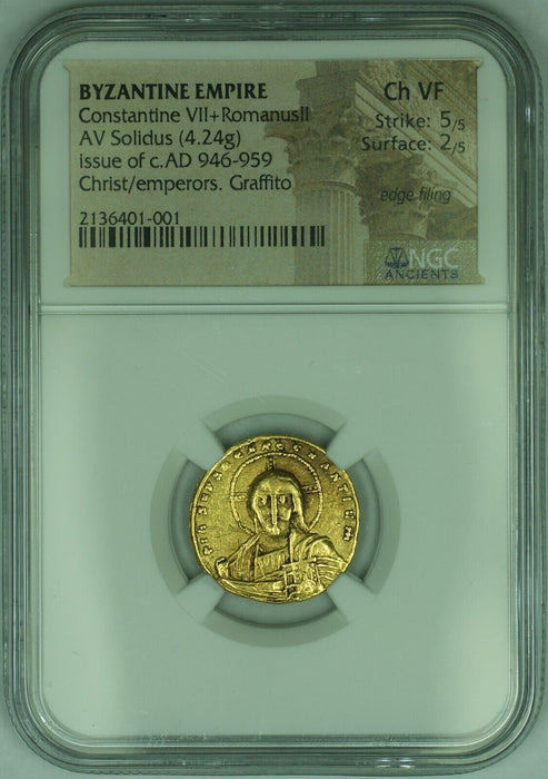 Byzantine Empire AD 946-59 Constantine VII/RomanusII Gold Solidus NGC VF 5/5 2/5