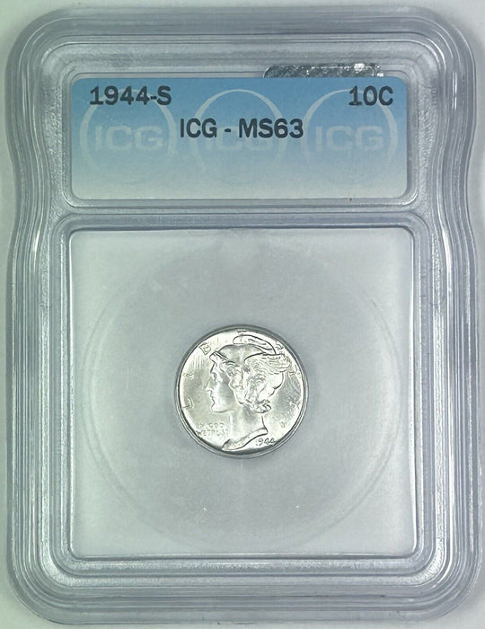 1944-S Mercury Silver Dime 10c Coin ICG MS 63 (Near FB) (54) A