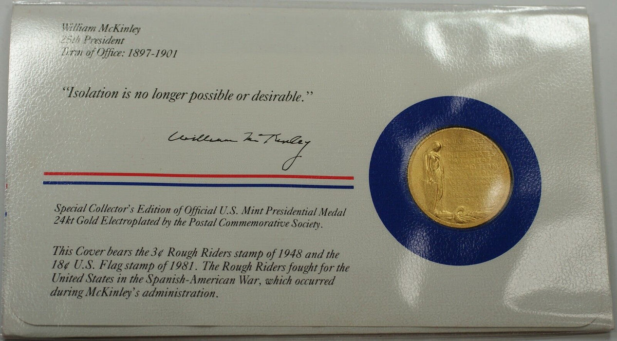William McKinley Presidential Medal 24 KT Electroplate Gold & Stamps Cover