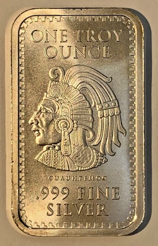 One Troy Ounce .999 Fine Silver Bar Cuauhtemoc Aztec Emperor