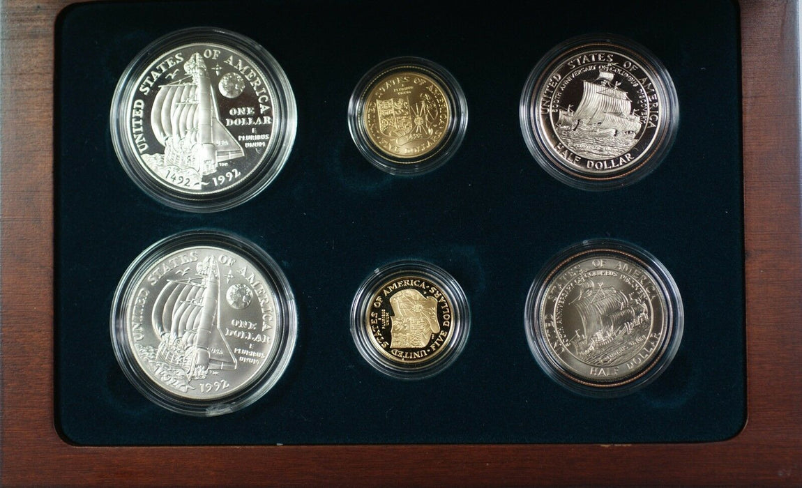 1992 Columbus Quincentenary $5 $1 50c Proof & UNC Gold, Silver, Clad 6 Coin Set