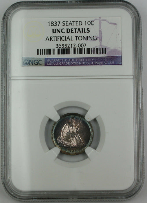 1837 Seated Liberty Dime Small Date NGC UNC Details Toned Very Choice BU Coin