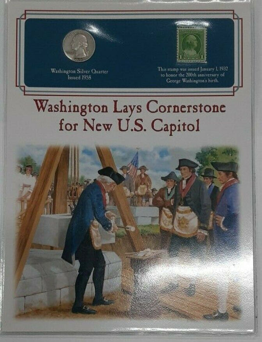 1958-D Washington Silver 25C -Historical Card W/Stamp Capitol Cornerstone Laid