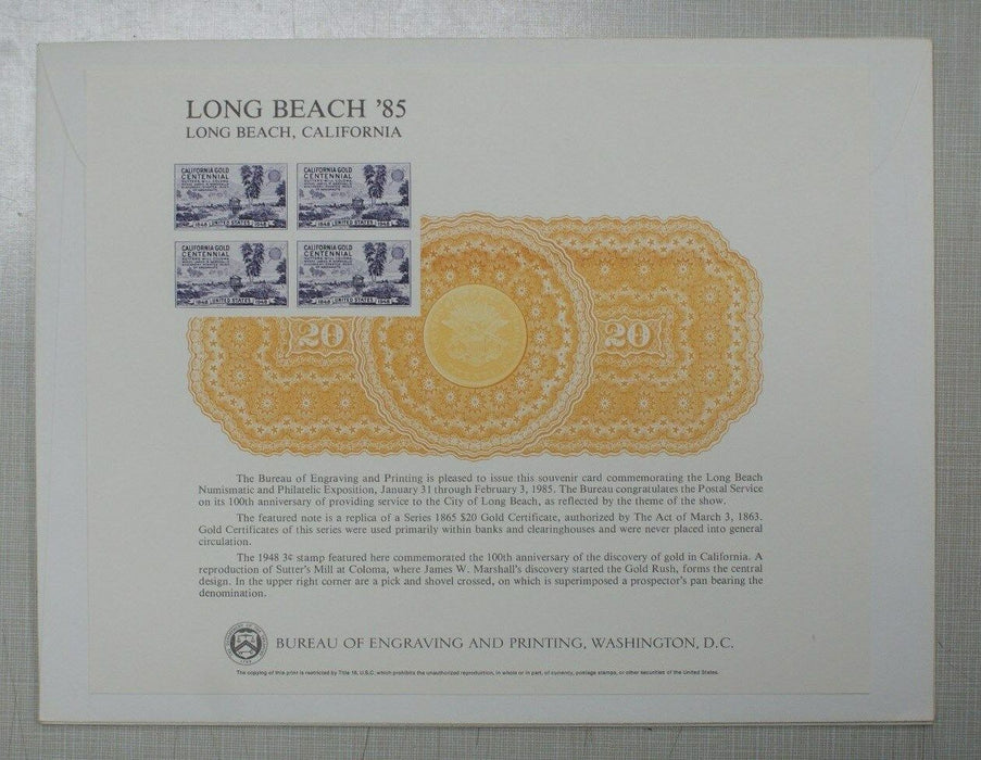 BEP souvenir card B 75 Long Beach 1985 block 1948 3c Calif Gold Centennial stamp