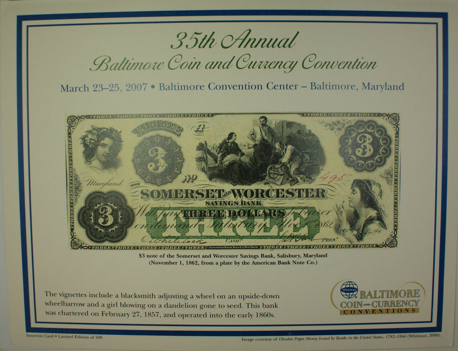 2007 March 35th Year Washington Baltimore Coin & Currency Show Souvenir Card