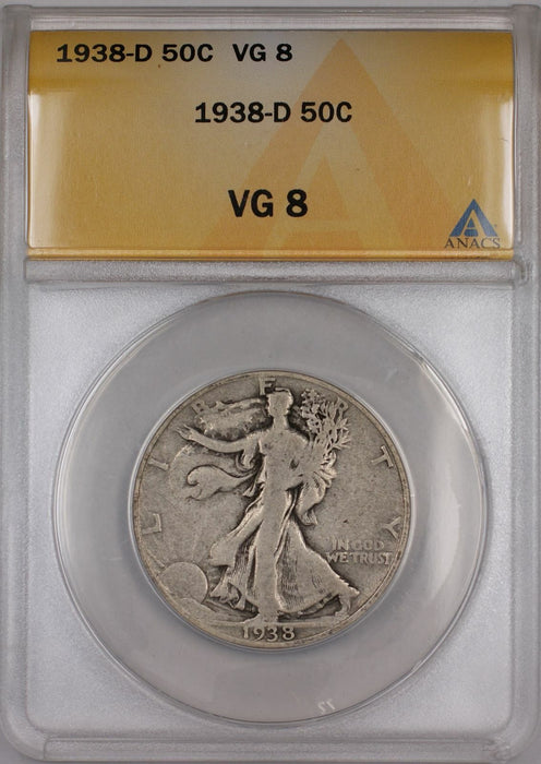 1938-D Walking Liberty Half Dollar Coin 50C ANACS VG 8