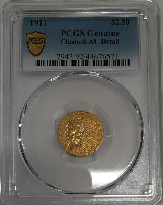 1911 Indian Head Quarter Eagle $2.50 Gold Coin PCGS Genuine AU Details-Cleaned