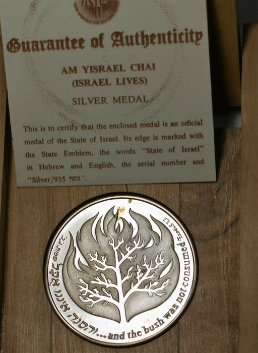 1982 Israel Lives Am Yisrael Chai .935 Silver State Proof Medal COA Olive Wood