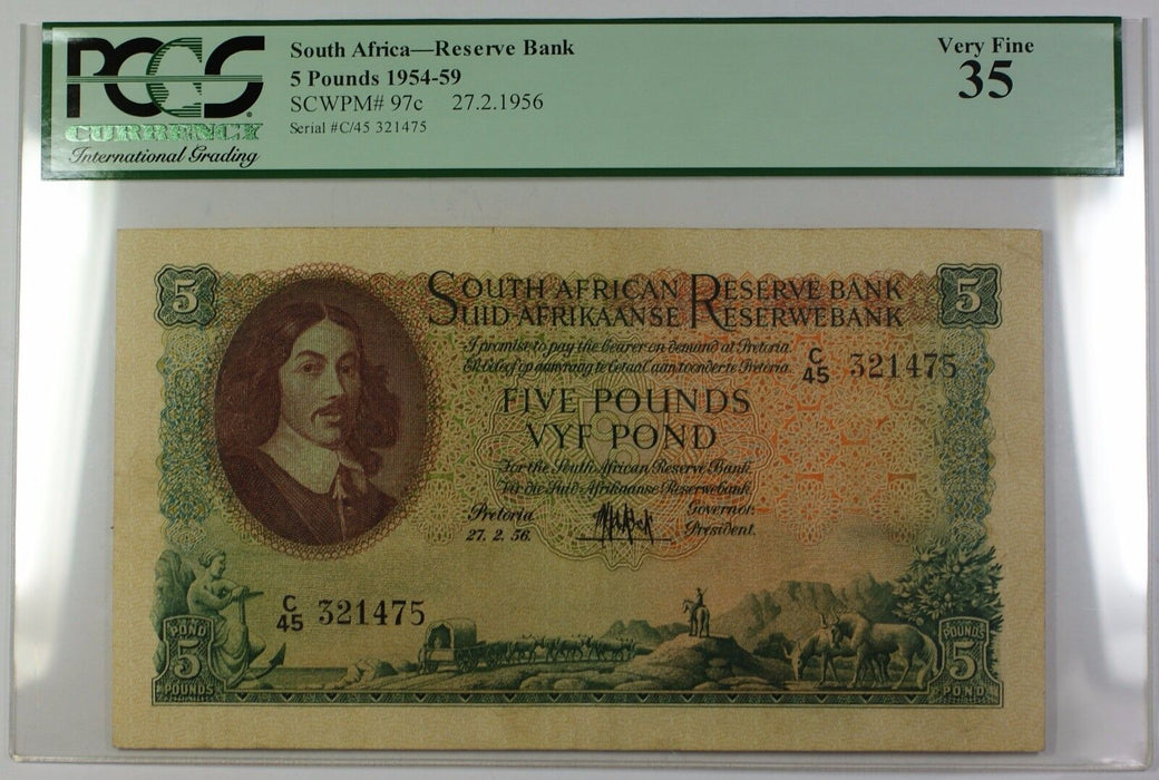1954-59 27.2.1956 South Africa 5 Pounds Bank Note SCWPM# 97c PCGS VF-35 (E)