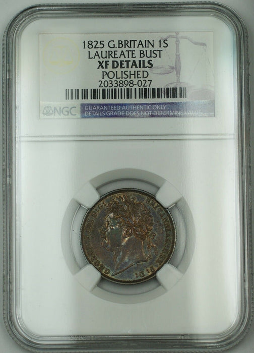 1825 Britain 1 Shilling Coin Laureate Bust George IV NGC XF Details Polished AKR