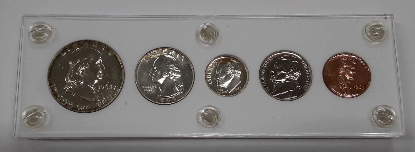 1963 US Mint Silver Proof Set 5 Gem Coins in White Acrylic Holder  (D)