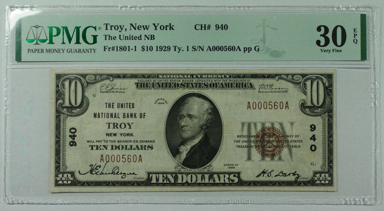 1929 $10 Troy New York NY United National Bank CH# 940 Fr. 1801-1 PMG VF-30 EPQ