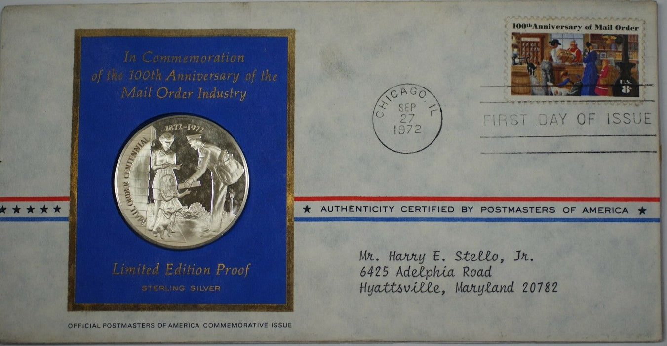 1972 Mail Order Industry Commemorative Medal Proof Silver First Day Cover