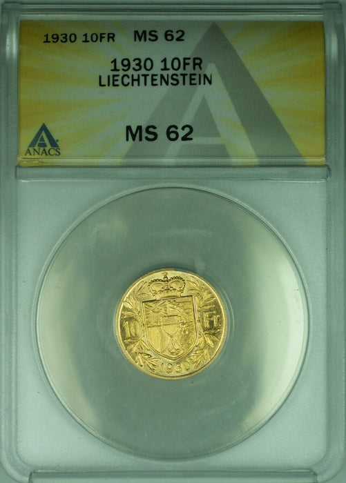 1930 Liechtenstein 10 Franken Gold Coin ANACS MS-62  (DW)