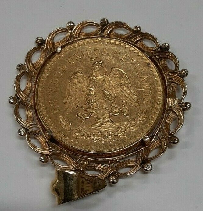 1947 Mexico Gold 50 Pesos Coin in Bezel 52.9 Grams Total Weight  (MK)