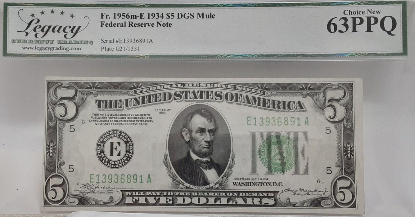 1934 $5 FRN 'Mule' Note Richmond Dist. Fr. 1956m-E  Legacy Ch New 63PPQ