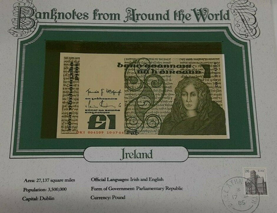 1984 Ireland One Pound Banknote Crisp Uncirculated in Stamped Info Card