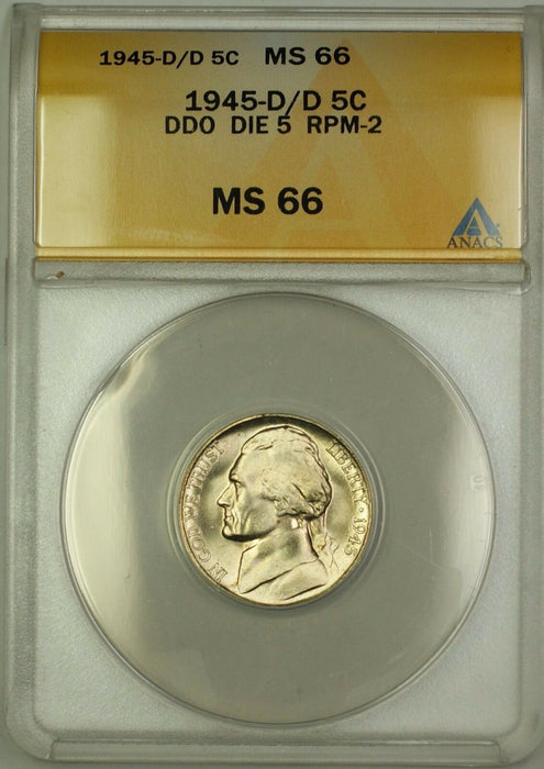 1945-D/D RPM-2 DDO DIE 5 Wartime Silver Jefferson Nickel 5c Coin ANACS MS-66 (A)