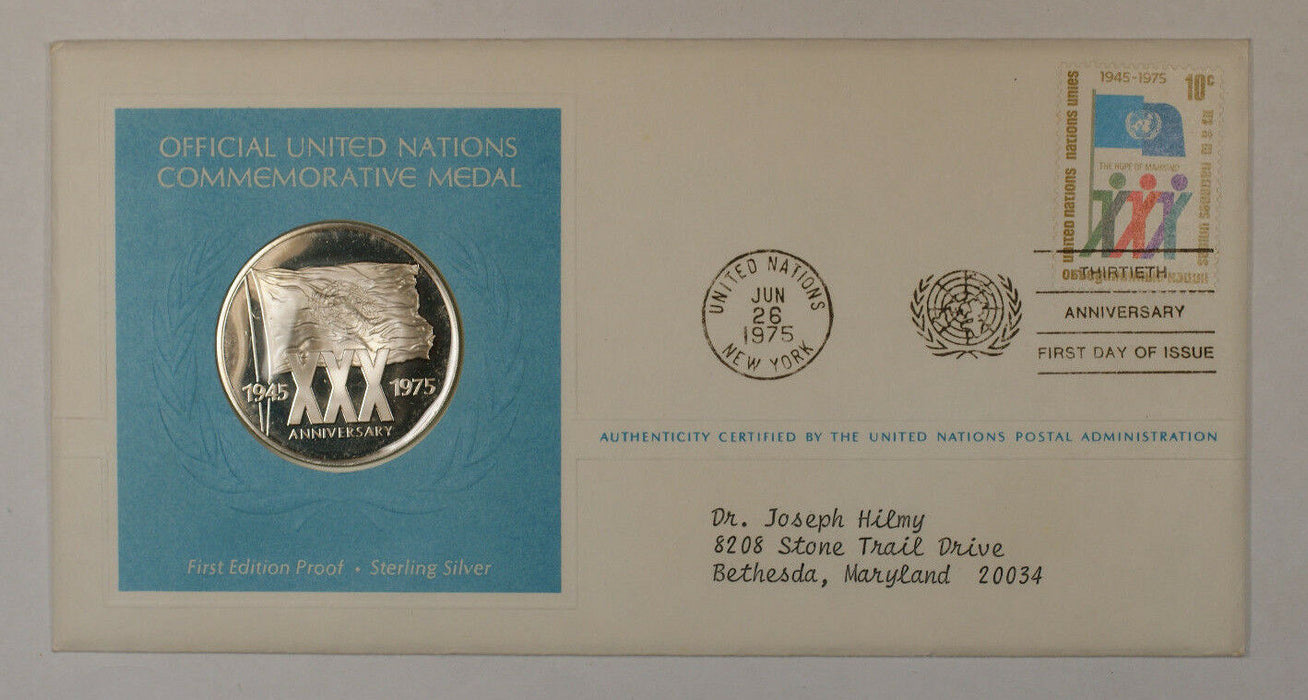 1975 Postmasters Of America Commemorative Silver Medal United Nations XXX