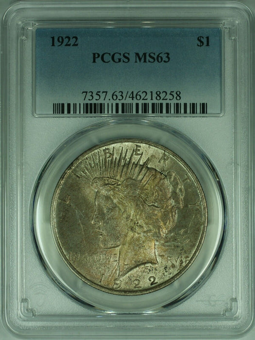 1922 Peace Silver Dollar S$1  PCGS MS-63 w/Toning   (47C)