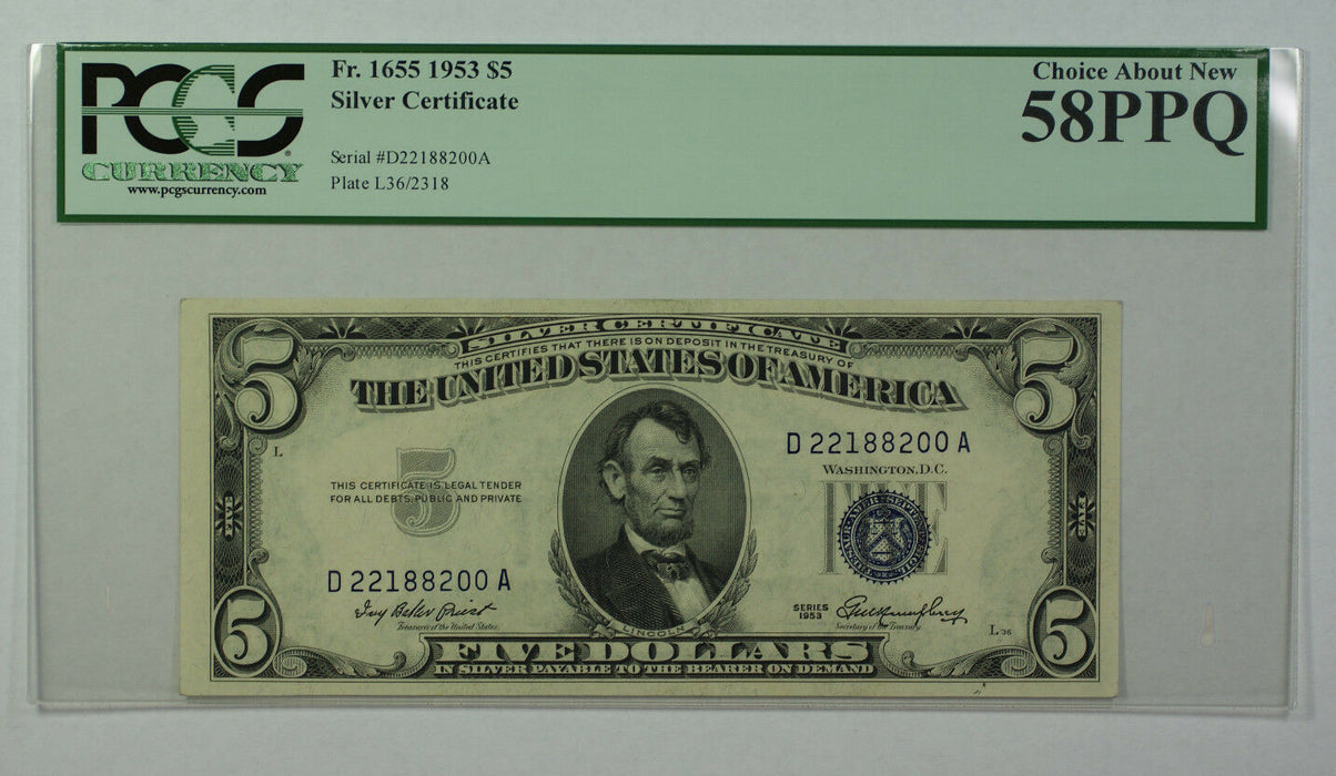 1953 $5 Bill Silver Certificate Note Currency PCGS 58PPQ Fr. 1655 (D)